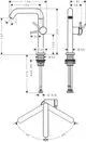 Einhebel-Waschtischmischer mit Schwenkauslauf und Push-Open Ablaufgarnitur in Chrom, entworfen von Hansgrohe, dargestellt in einer technischen Zeichnung mit Maßangaben.